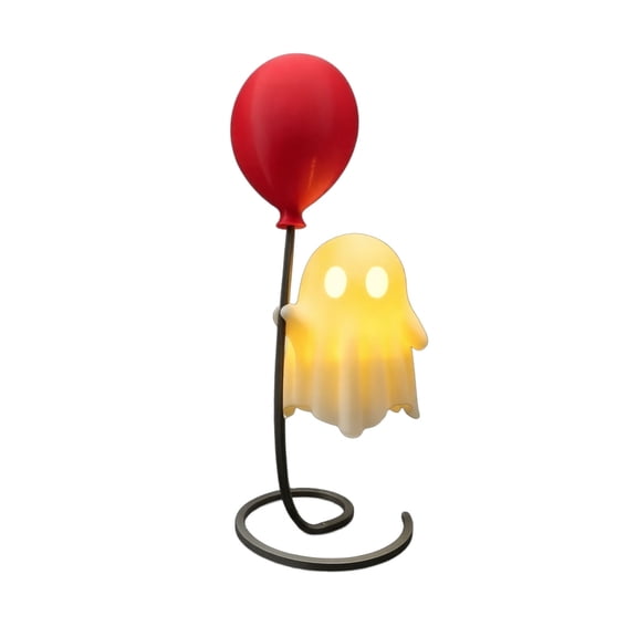 Halloween LED Ghost Night Light, Spooky Cute Ghost with Red Balloon Desk Lamp, Battery Operated Warm Glow Floating Ghost Statue, Creative Gothic Bedside Table Figurine Holiday Decor Gift 6.9"