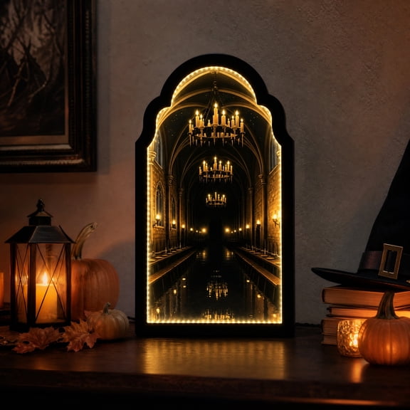 Halloween LED Infinity Tunnel Mirror,3D Optical Illusion Haunted Castle Hallway Lighted Frame,Gothic Tabletop & Wall Mounted Halloween Decorations