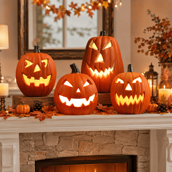 Halloween LED Jack O Lantern Table Decor, 7.87 x 9.84 in Hollow Pumpkin Light for Mantel Display, Halloween Lights and Halloween Party Decorations (Orange)