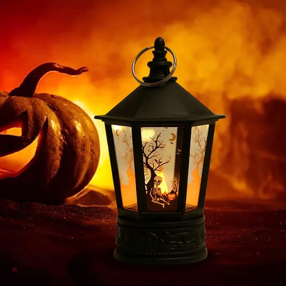 Halloween LED Lantern Decoration, Battery Operated Hanging Candle Light with Pumpkin Witch Skull Design, Vintage Porch Lantern for Halloween Party Indoor Outdoor Table Fireplace Yard Decor