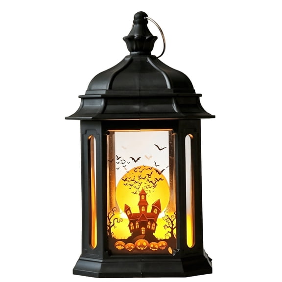 Halloween LED Lantern Flickering Candle Castle Pumpkin Light, Vintage Hanging Night Light for Tabletop Halloween Decor, Black