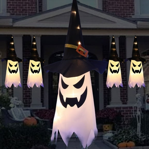 Halloween LED Lantern Hat, Ghost Face String Lights, Horror Room Decoration Props, Wearable Witch Hat with Lights, Spooky Party Accessory for Adults