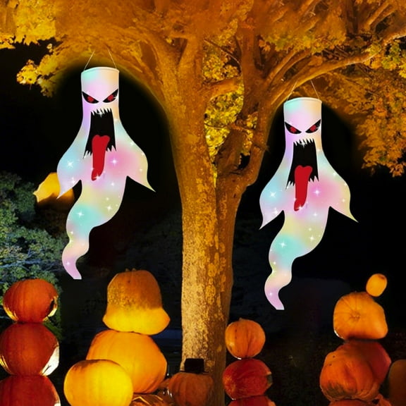 Halloween LED Light Up Ghost Windsocks for Outdoor Decorations,Spooky Hanging Wind Socks with Battery Powered Lights for Yard,Garden,Porch Party Supplies