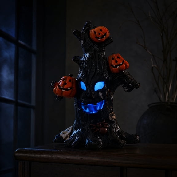 Halloween LED Light Haunted Tree Figurine with Pumpkin Ornament,Spooky Tabletop Decor for Tiered Tray,Home Party & Haunted House Display