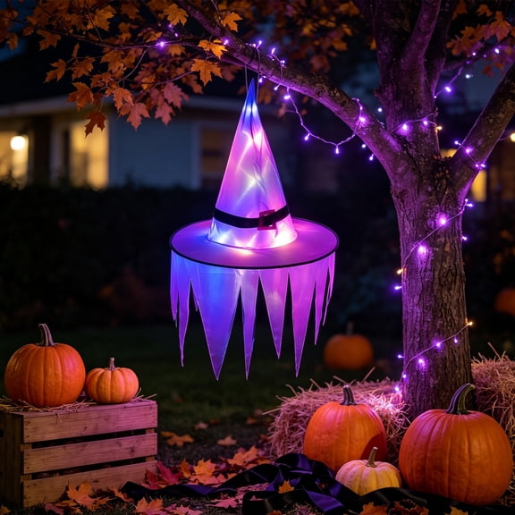 Halloween LED Light Up Jagged Witch Hat Glowing Ghost Hat Outdoor Tree Hanging Decor Battery Operated Waterproof Weatherproof Hanging Lighted Hat For Yard Garden Party Decor
