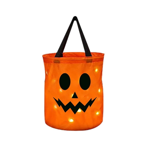 Halloween LED Light Up Pumpkin Treat Tote Bag, Reusable Candy Storage Container with Built-In Glow, 9.8"x10.2" Battery Operated for Trick or Treat, Kids Party Favor, Halloween Night Festive Use