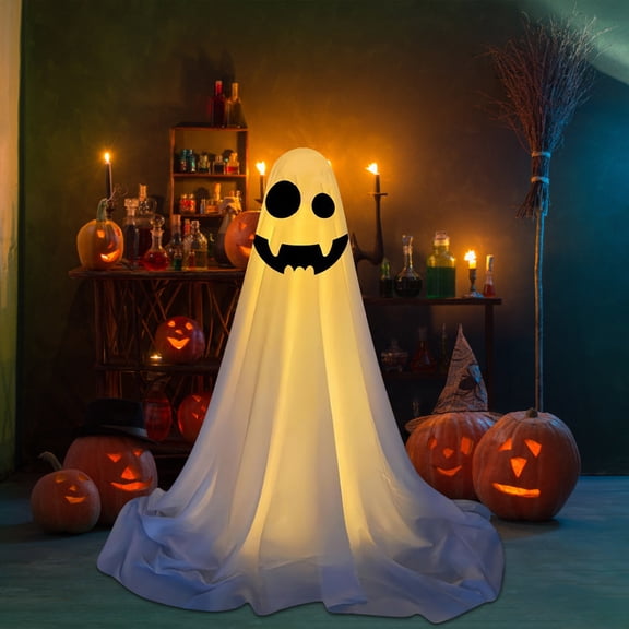 Halloween LED Light-Up Ghost Decor E, Telescoping Pole (0.4-2.1m), Battery-Operated with Box, Outdoor/Indoor Hanging Light, Spooky Halloween Illumination
