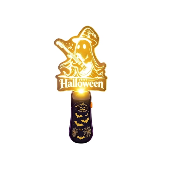 Halloween LED Light Up Wand, Acrylic Glowing Gold Ghost Playing Guitar with Halloween Letter Handheld Flashlight Decor