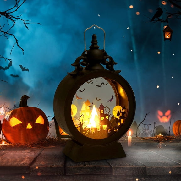 Halloween LED Lighted Lantern Decoration, Vintage Style Tabletop Display with Witch Bat Cutouts, Hanging Handle for Party Home