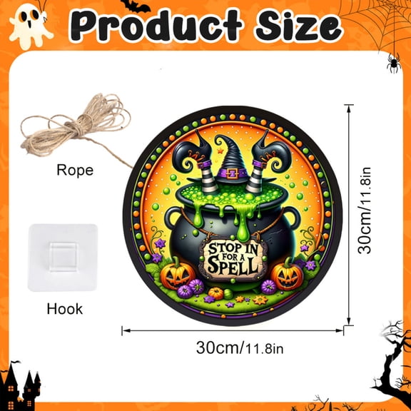 Halloween LED Lighted Sign, Battery Powered Not Included, Witches Cauldron Stop In For A Spell Round Hanging Decor with Pumpkins, 1 Pack with Hook and Rope, for Home Party Haunted House Porch Door Ha