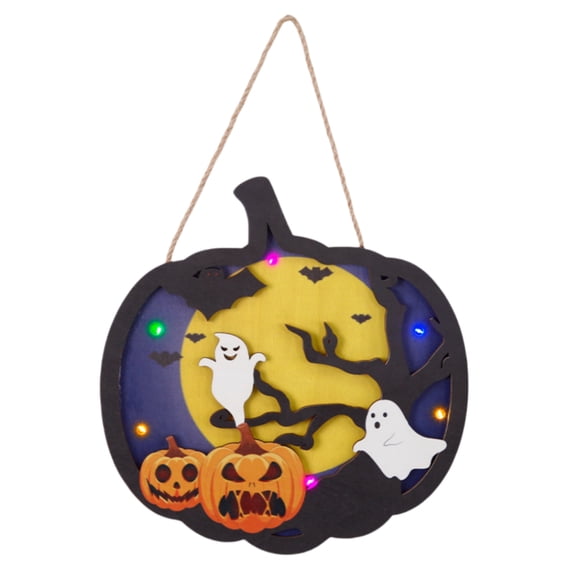 Halloween LED Lighted Wood Wreath,Front Sign Hanging with Pumpkin Ghost Decor Battery Operated for Halloween Porch Wall Indoor Home Decorations