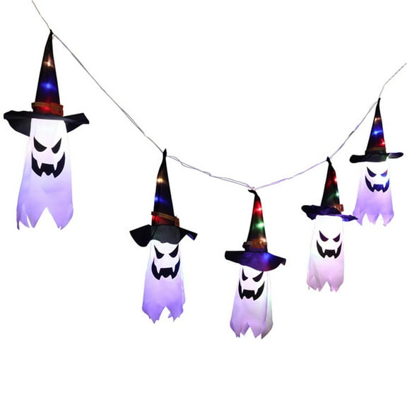 Halloween LED Lights Hanging Ghost Lamp with Witch Hat Battery Operated Halloween Party Dress Up Glow Wizard Hat String Lights for Horror Props Home Bar Outdoor Indoor Decor