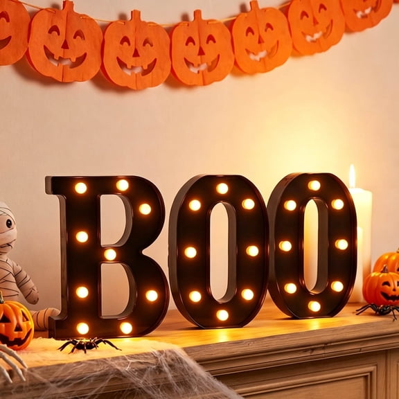 Halloween LED Marquee Letter Lights, Light Up Spooky Scene Sign, Battery Powered Decorative Prop for Party Mantel & Wall Decor, Customizable Message Board