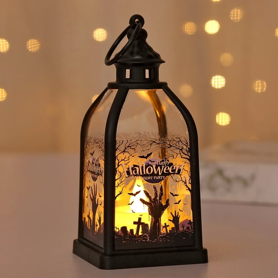Halloween LED Night Light with Electronic Candle Effect, Desktop Ornament Featuring Tombstone and Ghost Scene for Holiday Decoration, Battery Operated Spooky Decor