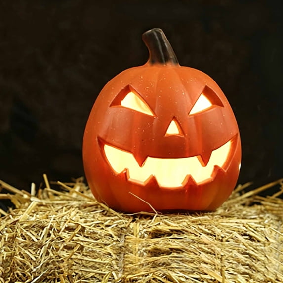 Halloween LED Pumpkin Decoration, Light Up Jack O Lantern with Realistic Carved Design, Spooky Tabletop Yard Home Party Ornament