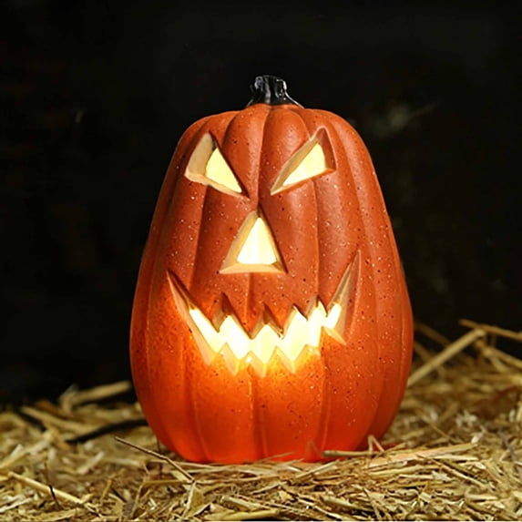 Halloween LED Pumpkin Decoration, Light Up Jack O Lantern with Realistic Carved Design, Spooky Tabletop Yard Home Party Ornament