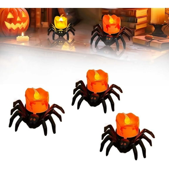 Halloween LED Pumpkin Lamp with Creepy Spider Indoor Halloween Decor, 2025 Upgrad Flameless Candle Light Decor Indoor, Novelty Spider Candle Lamps for Party Decorations