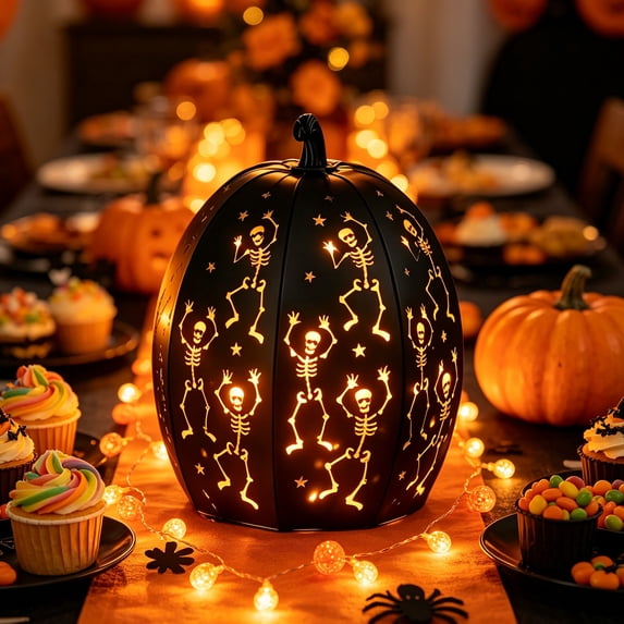 Halloween LED Pumpkin Lantern with Dancing Skeleton Cutouts Light Projecting Jack O Lantern Ornament For Indoor Outdoor Party Yard Decor