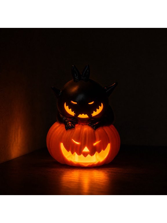 Halloween LED Pumpkin Light, Cat Curled Ornament, Flickering Tabletop Lamp, Realistic Candle Simulation and Safe Battery Operation for Nightstands, Party Tables and Mantel Displays.