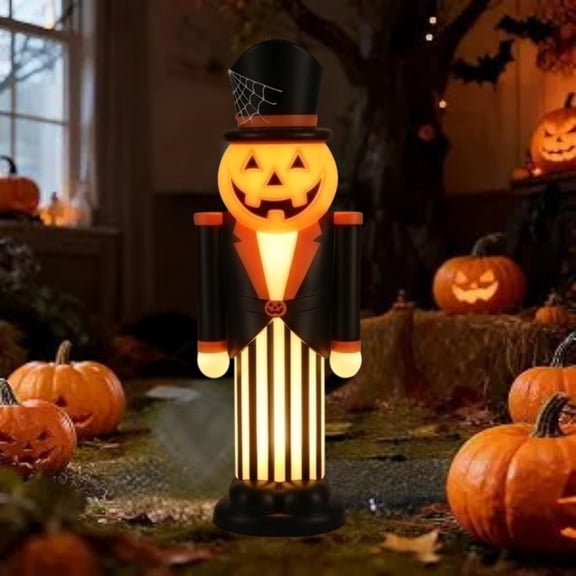 Halloween LED Pumpkin Nutcracker Blow Mold Decor, 12" Glowing Holiday Sculpture With Themed Hat Details, Warm Light Ornament For Kitchen And Dining Room Fall Arrangements