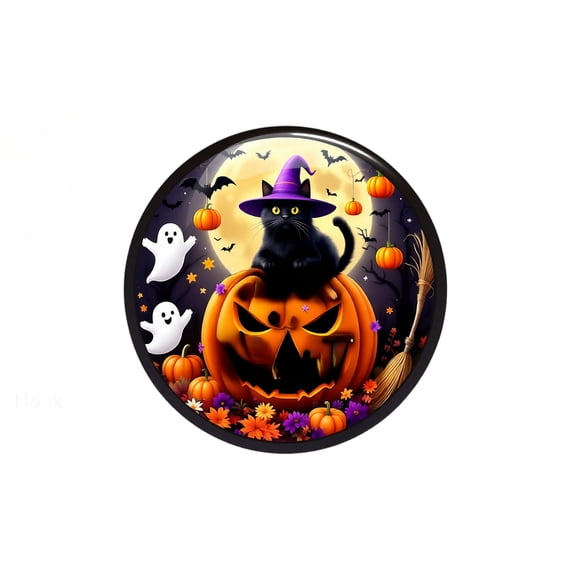 Halloween LED Sign, Light Up Round Hanging Plaque with Black Cat Witch Pumpkin Pattern, 1 Piece Hanging Ornament with Hook and Rope No Battery Required, for Halloween Party Home Window Door Wall Spoo