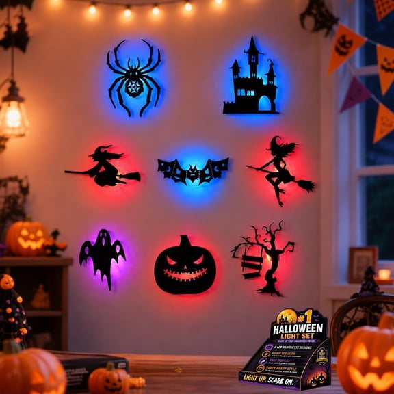 Halloween LED Silhouette Wall Light Stickers Decor Set, Spooky Glow Window Decals, Party Ornaments for Indoor Home Room(RL)
