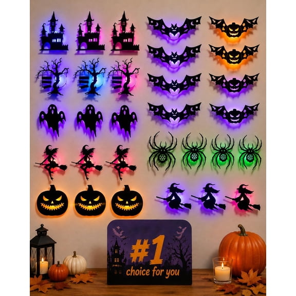 Halloween LED Silhouette Wall Light Stickers, Glowing Window Stickers Spooky Decals Include Bat Ghost Witch Spider Pumpkin Haunted House Tree Outdoor Indoor