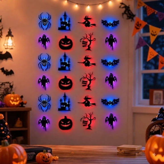 Halloween LED Silhouette Wall Light Stickers, Spooky Bats Ghosts Witch Window Decorations for Indoor, Door, Wall and Home
