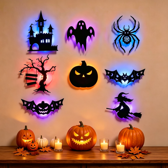 Halloween LED Silhouette Wall Stickers, Glowing Light Decals for Window Wall Holiday Party Decor, Multiple Quantity Options