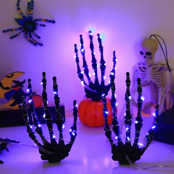 Halloween LED Skeleton Hand Lights Purple Ghost Claw String - Flexible Copper Wire Party Decor Haunted House Atmosphere​(Black)