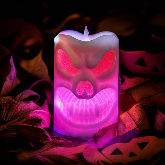 Halloween LED Skull Candle,Flameless Battery Operated Glitter Light Up Decoration,Spooky Jack O Lantern Style for Indoor Party Mantel Table,Safe Reusable Plastic Candle for Haunted House Decor(1pc)