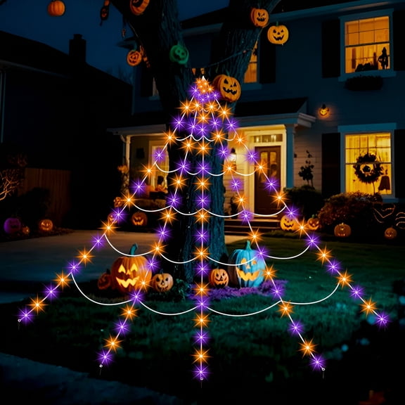 Halloween LED Spider Web Lights, 250 LED Purple & Orange, 17ft Triangular Web with Remote