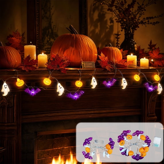 Halloween LED String Lights, Ghost Pumpkin and Bat Motif Decorative Lighting, Spooky Indoor Outdoor Festival Lights for Patio/Mantel/Party Ambiance/Home Display, 59in, 10 Lights, Constant Mode