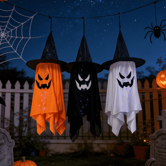 Halloween LED String Lights, Glowing Witch Hat Ghost Hanging Ornament for Room Wall Garden Outdoor Party Decor