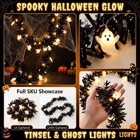 Halloween LED Tinsel Garland Lights, Battery Operated Fairy String Lights for Indoor Home Decor, Purple and Orange Twinkle Light Strip for Holiday Party