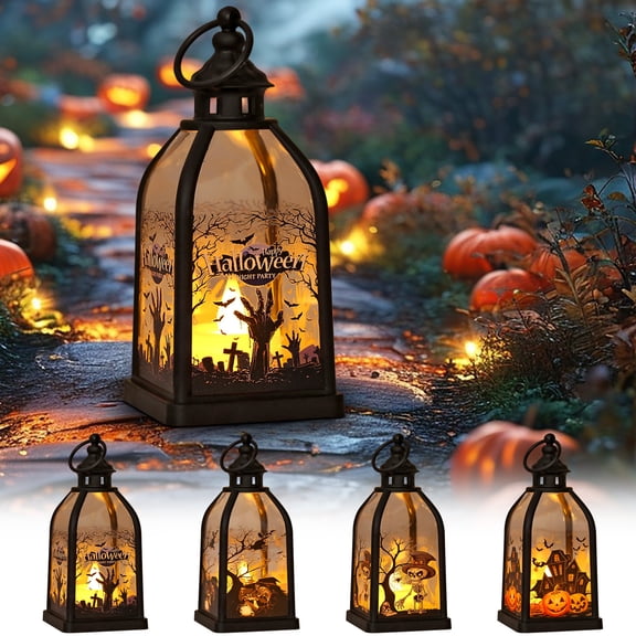 Halloween LED Tombstone Lantern, Battery Powered Desktop Night Light Resin Scene Decor with Button Batteries, Style A