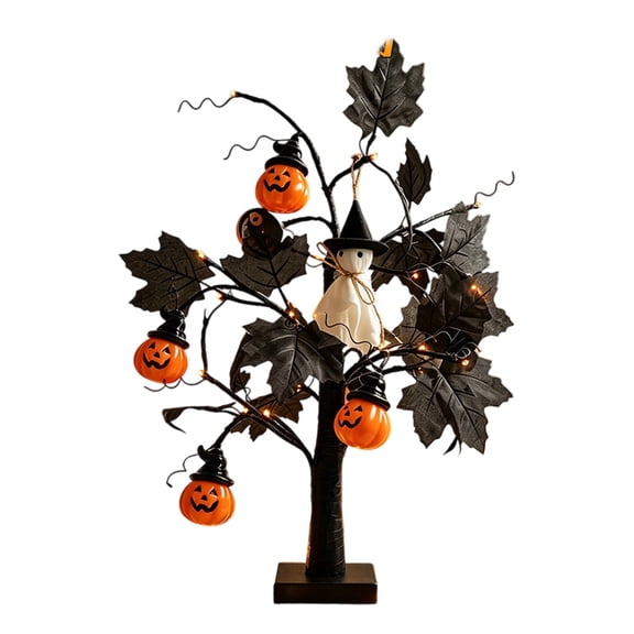 Halloween LED Tree Light, 24" Black Artificial Tree with Maple Leaf Eyeball Spider Ghost Pumpkin Ornaments, USB/Battery Powered Table Decor for Bedroom Party Haunted House (F)
