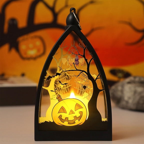 Halloween LED Triangle Lantern with Pumpkin Coffin Skeleton Elements Electronic Candle Flickering Light Halloween Table Centerpiece Home Party Decoration