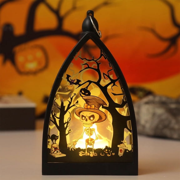 Halloween LED Triangle Lantern with Pumpkin Coffin Skeleton Elements Electronic Candle Flickering Light Halloween Table Centerpiece Home Party Decoration