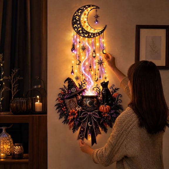 Halloween LED Wall Art Hanging Lamp Featuring Moon Cauldron Black Cat and Pumpkin Elements for Indoor Decor