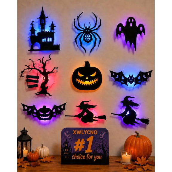 Halloween LED Wall Decor Lights Set, 9 PCS 3D Glowing Black Silhouette Cutouts with Colorful Backlight, Spooky Bat Ghost Witch Pumpkin Spider Haunted House Stickers for Window Wall Party Decor