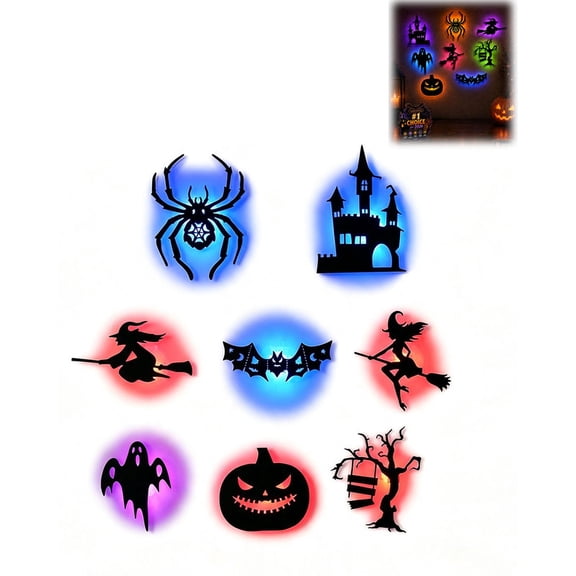 Halloween LED Wall Decor Lights, Silhouette Wall Light Stickers Spooky Scene Set with Glowing, Ghost Witch Spider Outdoor Indoor Light up