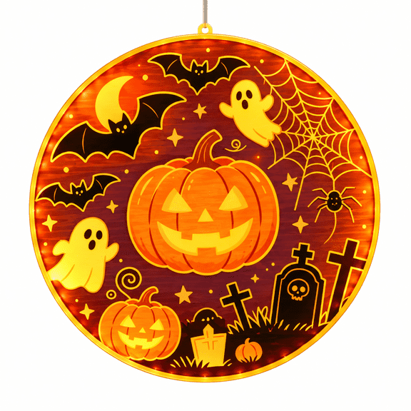 Halloween LED Window Light with Suction Cup, Moonlit Pumpkin & Bats Design, Light Up Hanging Decoration for Glass Windows, Storefront Displays, Home Decor and Party Settings