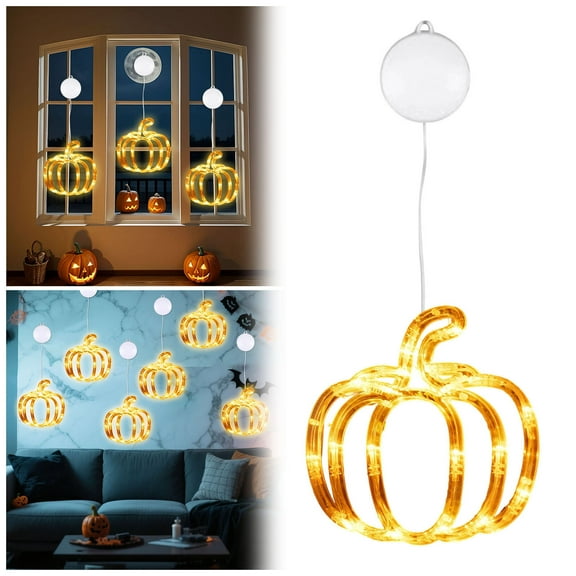 Halloween LED Window Lights with Suction Cups, Battery Operated Pumpkin Maple Leaf Decor for Window Display, Fall Thanksgiving Indoor Decoration for Home and Party, Great for Glass Doors (Pumpkin)