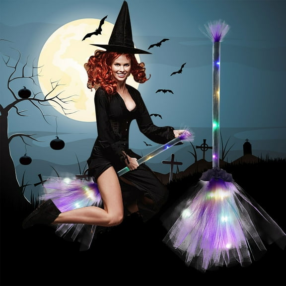 Halloween LED Witch Broom, Halloween Decor Lighted Witches Broom Sticks Halloween Party Props, 25.59x9.84 inches Halloween Party Props Witch Broom for Theme Parties