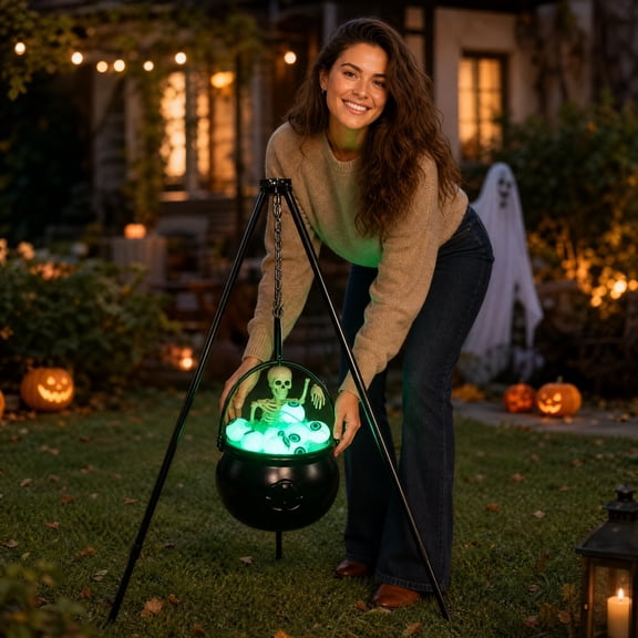 Halloween LED Witch Cauldron Tripod Decor, Foldable Height Adjustable Anti-Tip Metal Stand, Glowing Eyeball Skeleton Floating Pot Yard Prop, For Porch Garden Hauntedy Houses Party Layout