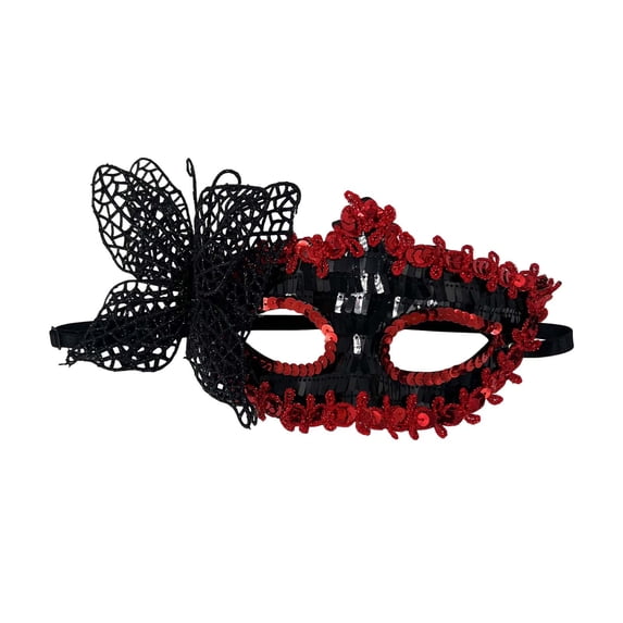 Halloween Lace Butterfly Side-Mask, Sequin-Trimmed Half-Face Masquerade Prop with Elastic Band (1 PC Mask) Red One Size