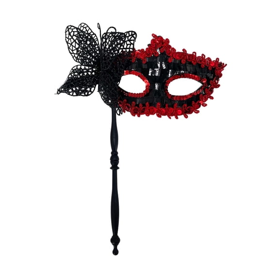 Halloween Lace Butterfly Stick Mask, Sequin-Trimmed Handheld Masquerade Prop with Elegant Handle (1 PC Mask) Red One Size