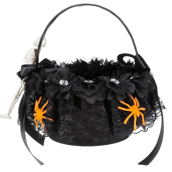 Halloween Lace Candy Basket Handheld Trick Or Treat Basket with Black Satin Ribbon Lace Gothic Candy Storage Pail for Halloween Party