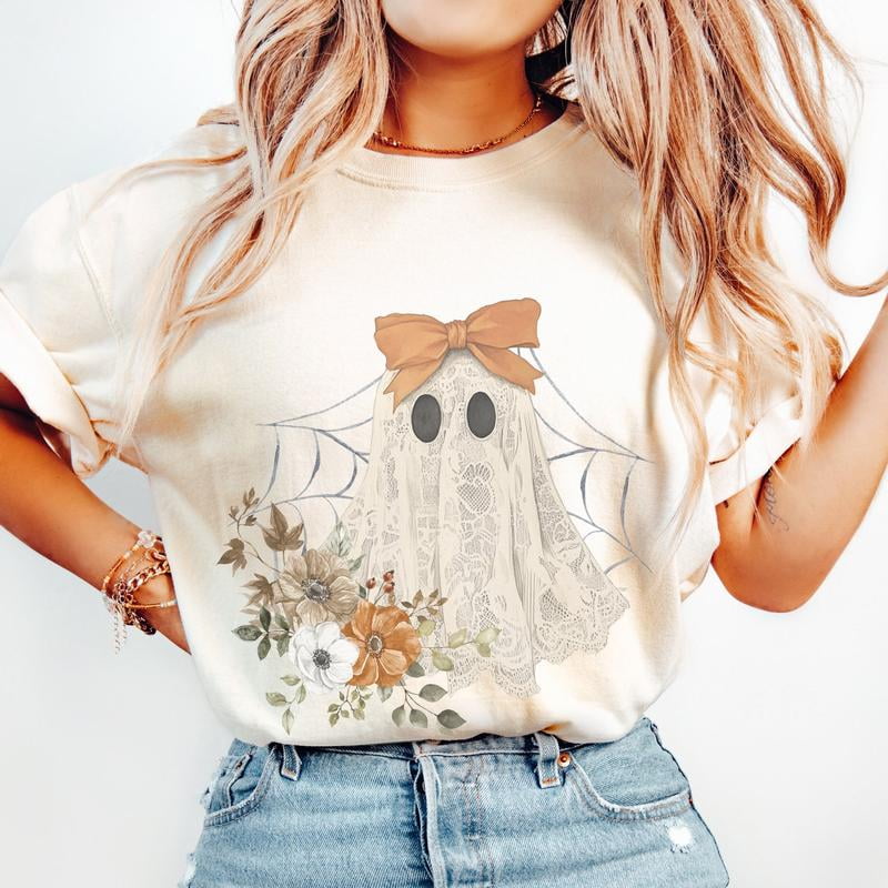 Halloween Lace Ghost T Spooky Girly Ghost Orange Bow T Ghosts Spooky